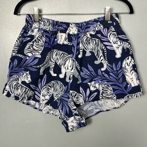 NWOT Las Sureñas Linen Cotton Blend White Blue Tiger Shorts Size L